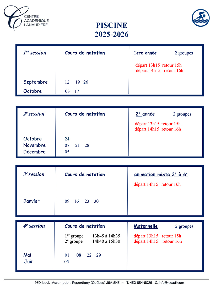 Horaire piscine 2025-2026